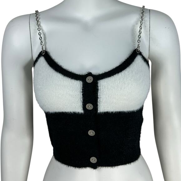 Cider Cropped Sweater Top Womens Size Medium Chain Straps Colorblock Black White - Picture 2 of 9